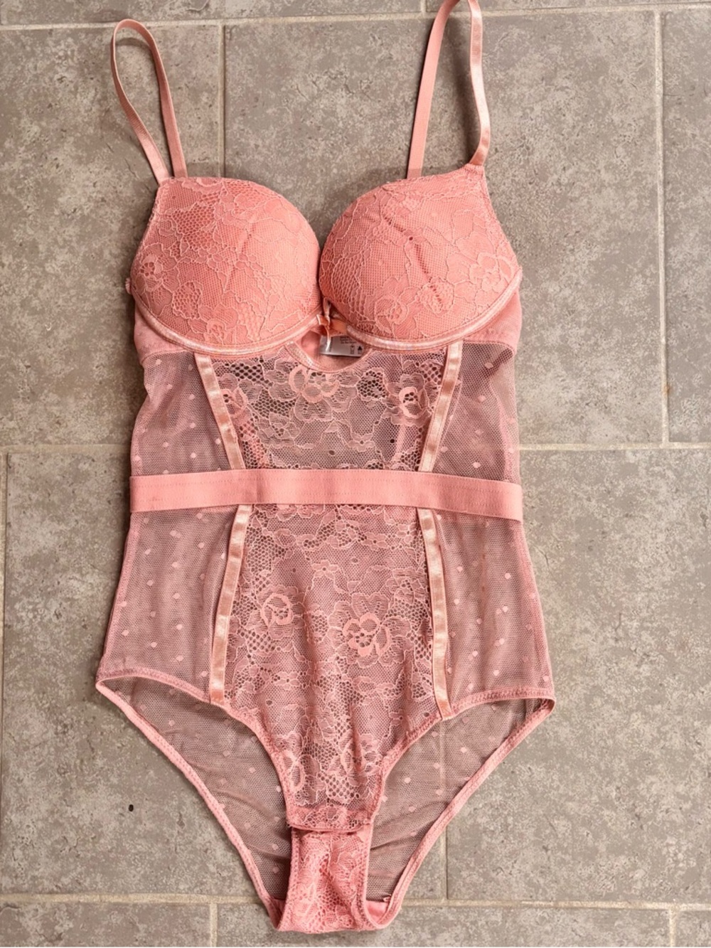 Vintage 90’s Dusty Coral Satin and Lace Push-up Bodysuit SZ Med